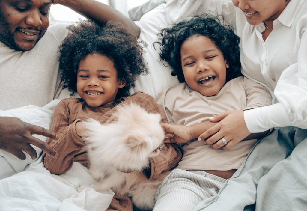 Happy family waking up together